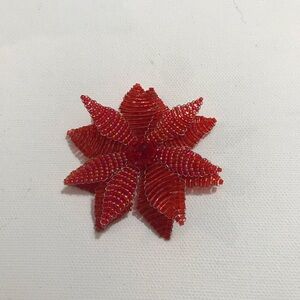 Beaded Red Poinsettia Flower Plant Christmas Brooch Pin